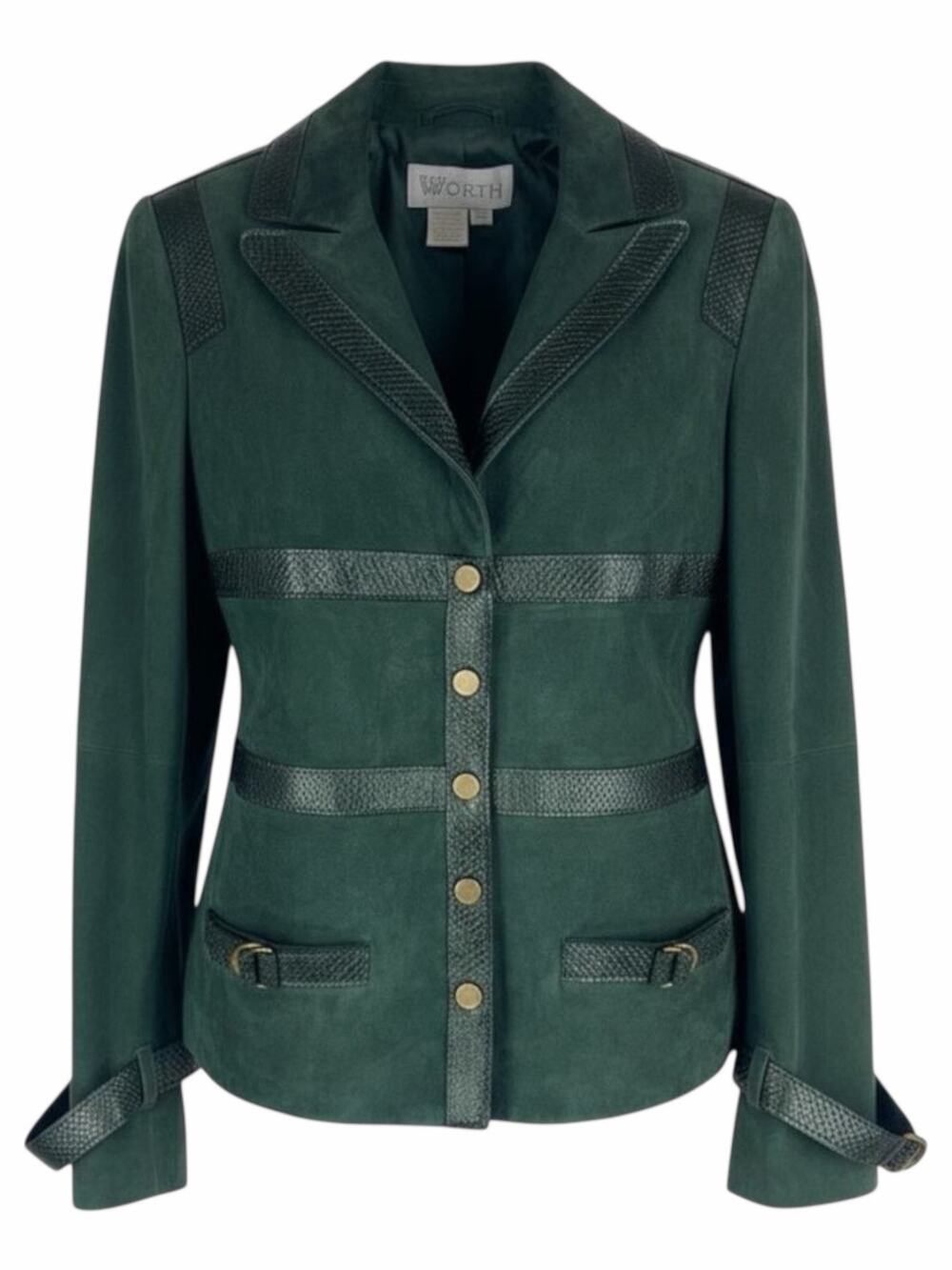 Worth NY Snake Leather Trim Suede Jacket Snap Button Dark Green Size 4